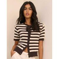 Nobody's Child Pure Cotton Striped Tie Neck Cardigan White