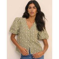 Nobody's Child Pure Cotton Checked Embroidery V-Neck Blouse Green