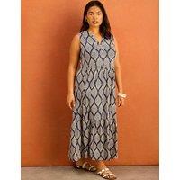 Live Unlimited London Leaf Print V-Neck Maxi Tiered Dress Navy Mix