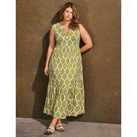 Live Unlimited London Leaf Print V-Neck Maxi Tiered Dress Green Mix