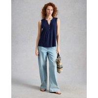White Stuff Linen Blend Notch Neck Top Navy