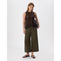 Whistles Pure Linen Wide Leg Cropped Trousers Khaki