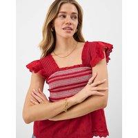 ACCESSORIZE Pure Cotton Smocked Frill Shoulder Top Red