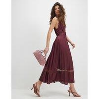 River Island Satin V-Neck Lace Trim Midi Slip Dress Burgundy