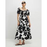 River Island Pure Cotton Floral Midi Shirred Dress White Mix