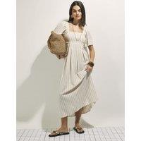 River Island Linen Rich Striped Shirred Midi Dress Cream Mix