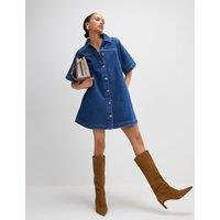 River Island Denim Button Through Mini Shirt Dress Dark Blue Denim