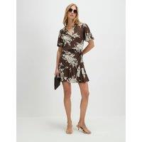 River Island Floral Belted Puff Sleeve Mini Tiered Dress Brown Mix