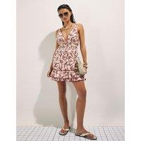 River Island Pure Cotton Coral Print Mini Beach Dress Cream Mix