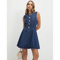 River Island Denim Embellished Button Mini Skater Dress Blue Denim
