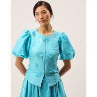 Monsoon Floral Appliqu Puff Sleeve Jacket Pale Blue