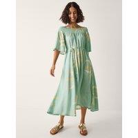 Monsoon Sun Print Bardot Shirred Midi Dress Aqua Mix