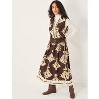 Monsoon Leaf Print Midi Waisted Dress with Linen Chocolate