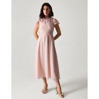 Monsoon Lace Midi Waisted Dress Soft Pink