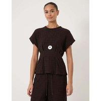 HUSH Cotton Rich Textured Shirred Crew Neck Top Dark Brown