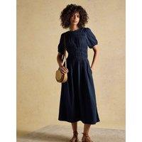 Joules Pure Cotton Double Cloth Midi Shirred Dress Navy