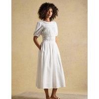 Joules Pure Cotton Double Cloth Midi Shirred Dress White