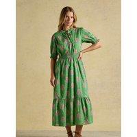 Joules Pure Cotton Floral Tie Neck Midi Dress Green Mix