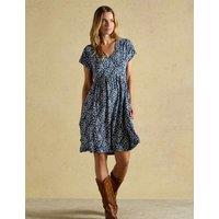 Joules Printed V-Neck Knee Length Tea Dress Navy Mix