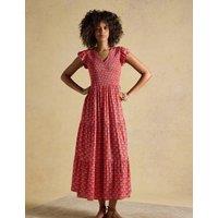 Joules Floral V-Neck Midi Shirred Dress Orange Mix