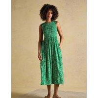 Joules Printed Crew Neck Midi Shirred Dress Green Mix