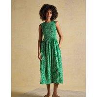 Joules Printed Crew Neck Midi Shirred Dress Green Mix