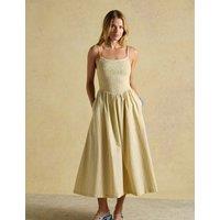 Joules Pure Cotton Striped Midi Shirred Dress Yellow Mix