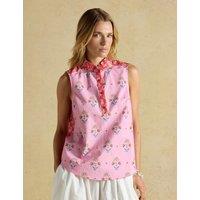 Joules Pure Cotton Floral Frill Neck Blouse Pink Mix