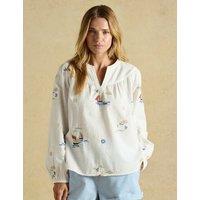 Joules Pure Cotton Embroidered Notch Neck Blouse Cream Mix