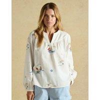 Joules Pure Cotton Embroidered Notch Neck Blouse Cream Mix