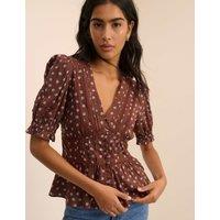 Nobody's Child Pure Cotton Floral V-Neck Blouse Brown
