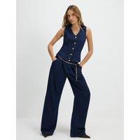 River Island High Waisted Belted Wide Leg Jeans Dark Blue Denim
