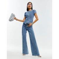 River Island Embellished High Waisted Wide Leg Jeans Blue Denim