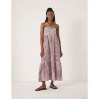 HUSH Pure Cotton Gingham Midi Shirred Beach Dress Red Mix