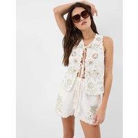 ACCESSORIZE Cotton Rich Palm Embroidered Shorts with Linen Ivory