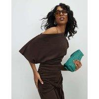 River Island Textured Slash Neck Off The Shoulder Top Chocolate