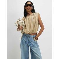 River Island Pure Cotton Bubble Hem Tie Detail Top Tan