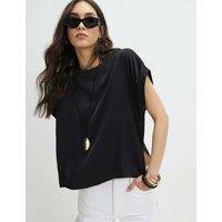 River Island Satin Turn Back Cuff T-Shirt Black