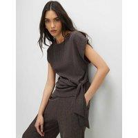 River Island Plisse Round Neck Tie Detail Top Chocolate