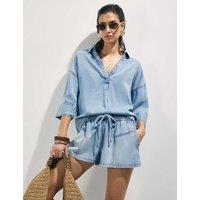 River Island Denim High Waisted Drawstring Shorts Blue Denim