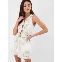 ACCESSORIZE Cotton Rich Tropical Cutwork Tie Front Top Ivory