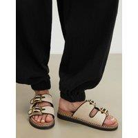 River Island Double Buckle Strap Footbed Flat Sandals Beige