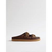 River Island Suede Animal Print Lined Footbed Sandals Dark Brown