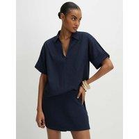 River Island Linen Rich V-Neck Shirt Navy