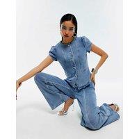 River Island Cotton Rich Denim Button Through Top Blue Denim
