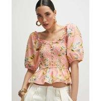River Island Pure Cotton Floral Shirred Puff Sleeve Top Pink Mix
