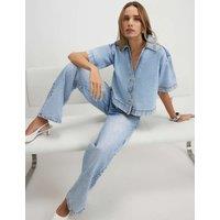 River Island Denim Collared V-Neck Button Through Shirt Light Blue