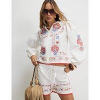 River Island Embroidered Notch Neck Relaxed Blouse White Mix