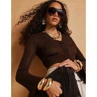 River Island Pure Cotton Knitted V-Neck Cardigan Chocolate