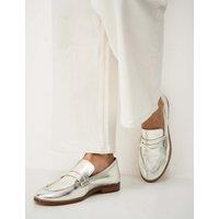 Crew Clothing Leather Metallic Slip On Penny Loafers Silver